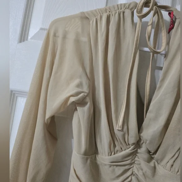 Guess Neutral Beige Mesh Bodysuit, Ruched Back, Sheer Sleeves, Deep V-Neck, EUC! - Picture 10 of 15
